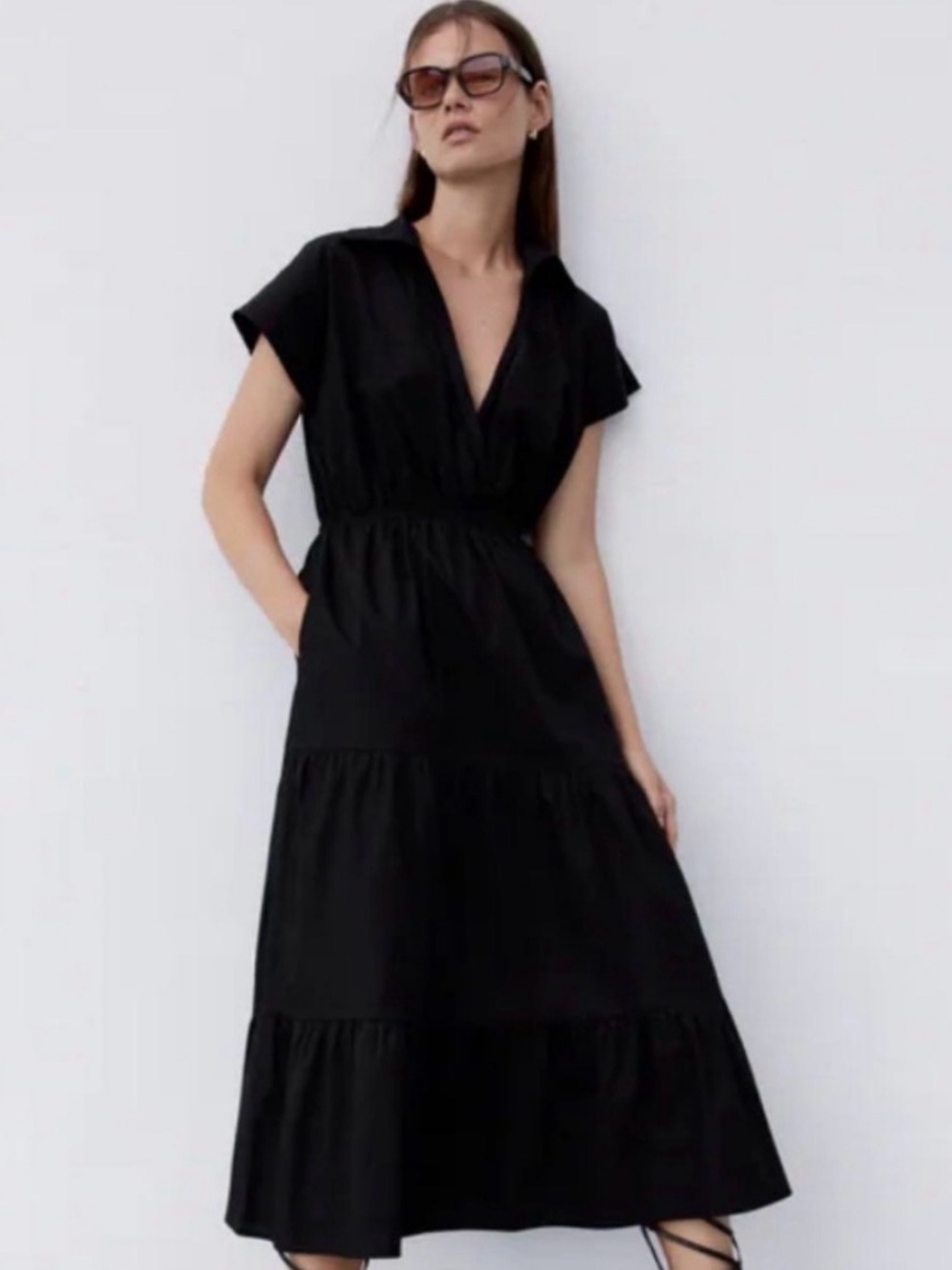 Zara Black Tiered poplin shirt Maxi Dress with V-Neck